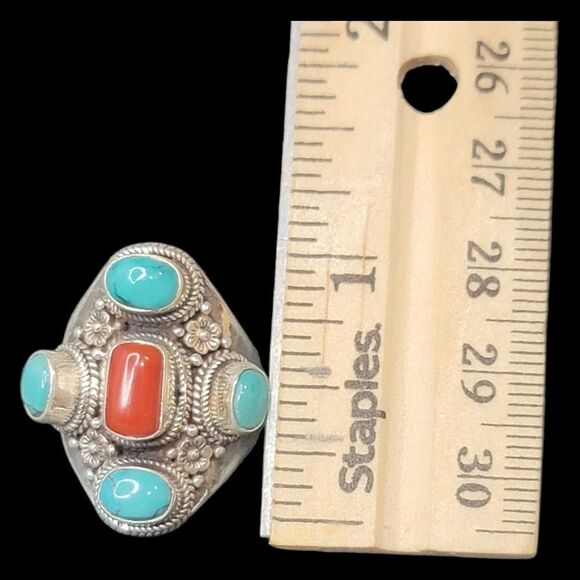Heavy Native American Turquoise Coral Sterling Silver Ring 9 Adjustable 13.27g - Picture 10 of 11